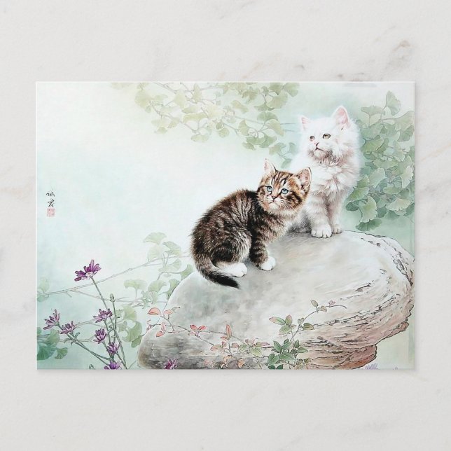 Cartão Postal Gato Chinês Art Dois Gatos (Frente)