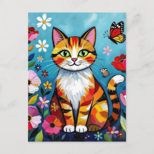 Cartão Postal Gato Colorido, Flores e Borboleta