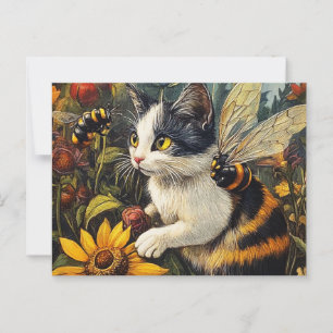 Cartão Postal Gato com abelhas e flores