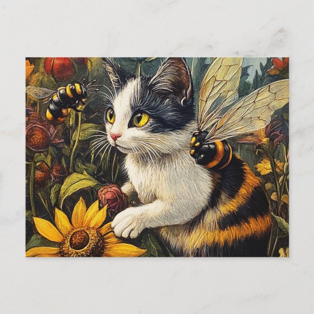 Cartão Postal Gato com abelhas e flores (Frente)