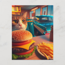 Cartão Postal Gato com Cheeseburger e Fries no Retro Diner