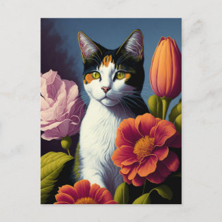 Cartão Postal gato com flores