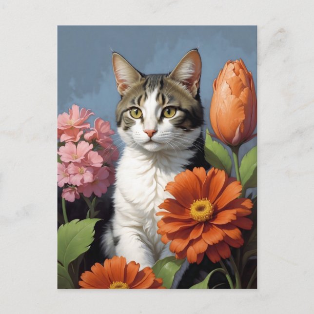Cartão Postal gato com flores (atualização) (Frente)