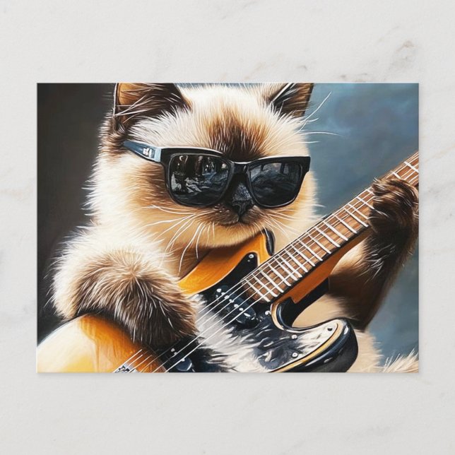 Cartão Postal Gato com óculos de sol tocando violão (Frente)