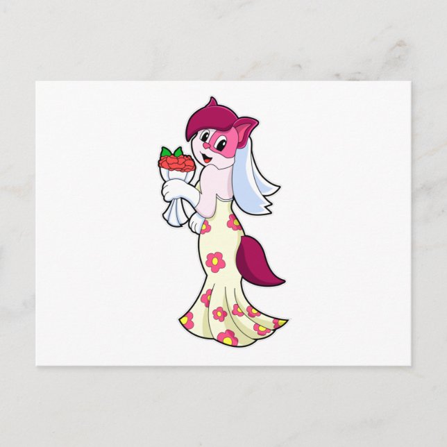 Cartão Postal Gato com vestido de noiva & Buquê de flores (Frente)