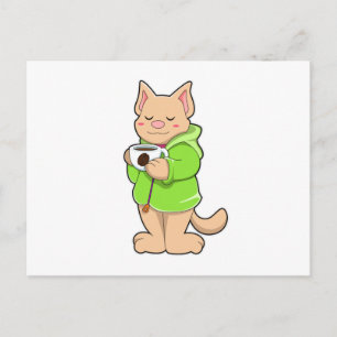 Cartão Postal Gato com xícara de café e pijama