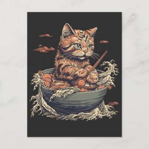 Cartão Postal gato come Ramen, onda de Kanawaga