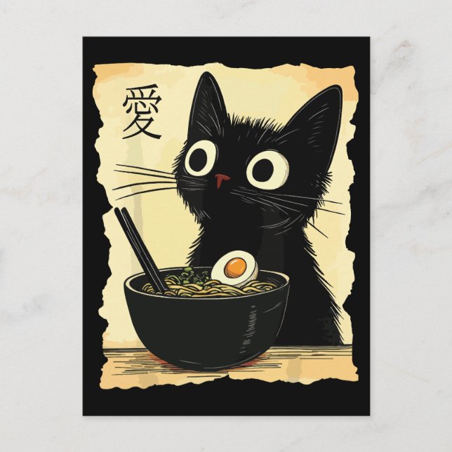 Cartão Postal Gato comendo ramen  (Frente)