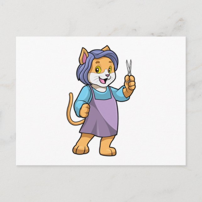 Cartão Postal Gato como cabeleireiro com tesoura (Frente)