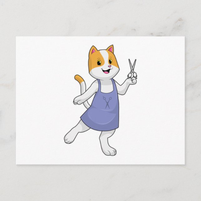 Cartão Postal Gato como cabeleireiro com tesoura (Frente)