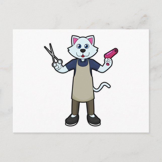 Cartão Postal Gato como Cabeleireiro com Tesoura & Secador (Frente)