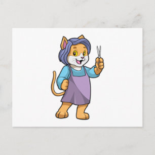 Cartão Postal Gato como Cabelereiro com Tesoura