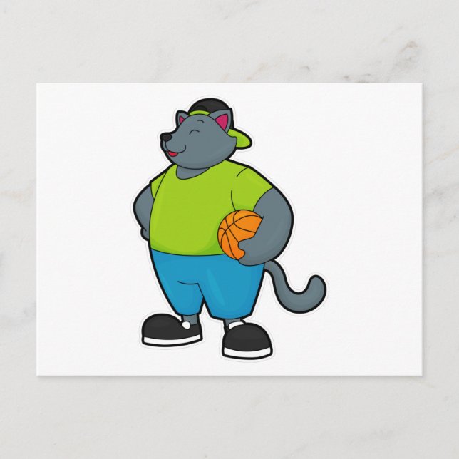 Cartão Postal Gato como jogador de basquete com bola de basquete (Frente)