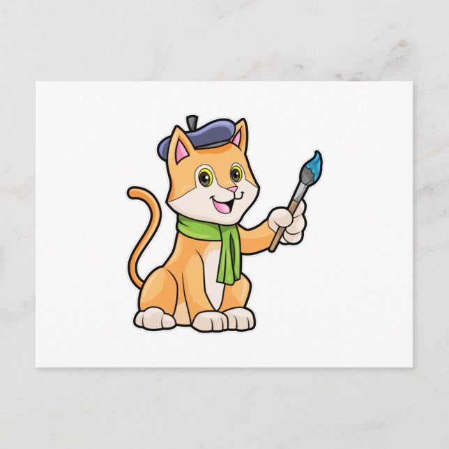 Cartão Postal Gato como Pintor com Pincel & Cachecol (Frente)