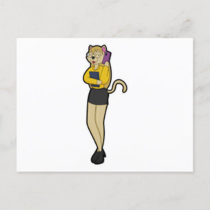 Cartão Postal Gato como Secretário com Laptop e Telefone Celular