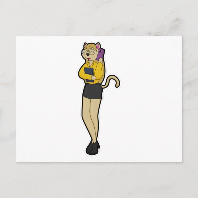 Cartão Postal Gato como Secretário com Laptop e Telefone Celular (Frente)