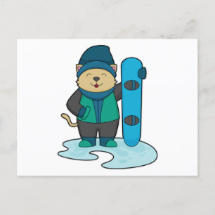 Cartão Postal Gato como Snowboarder com Snowboard
