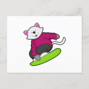 Cartão Postal Gato como Snowboarder com Snowboard