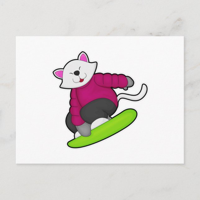 Cartão Postal Gato como Snowboarder com Snowboard (Frente)