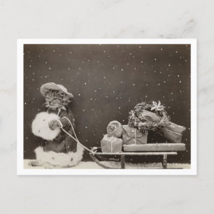 Cartão Postal Gato Compras de Natal Preto e Branco Vintage