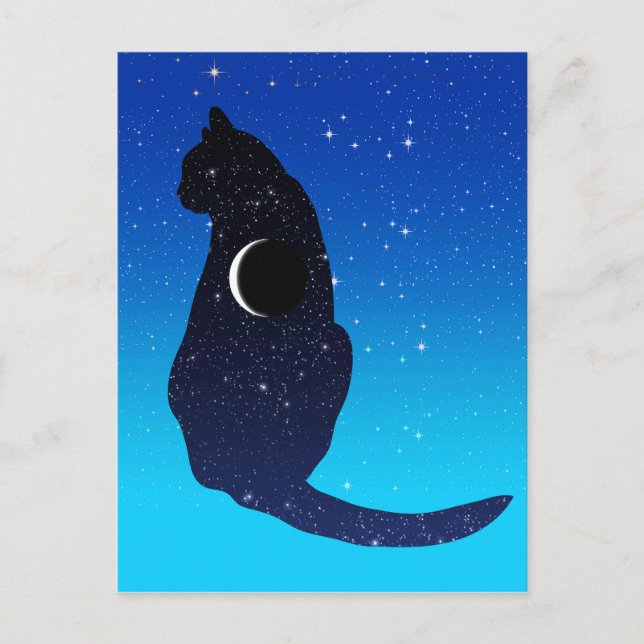 Cartão Postal Gato Cósmico em Estrelas e Padrões da Lua Crescent (Frente)