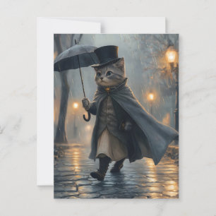 Cartão Postal Gato Dapper rolando na chuva com um guarda-chuva