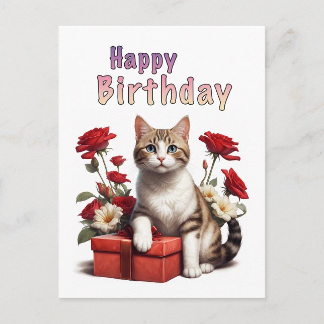 Cartão Postal gato de aniversário feliz (Frente)