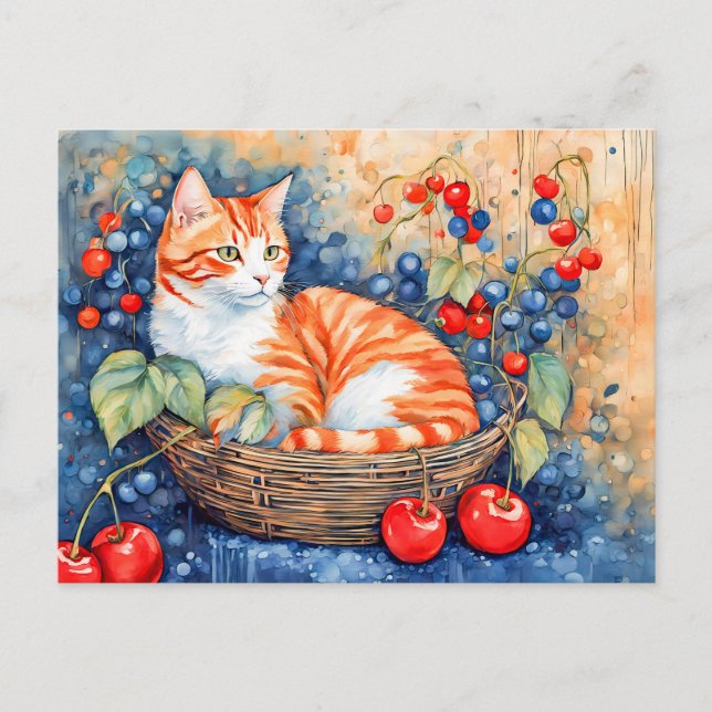 Cartão Postal Gato de Aquarela em Cesta com Cerejas (Frente)
