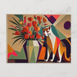 Cartão Postal Gato de arte com flores