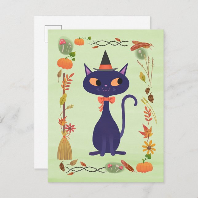 Cartão Postal Gato de Bruxa Bonita do Halloween (Frente/Verso)