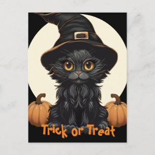 Cartão Postal Gato de bruxas bonitas de Halloween com chapéu e a