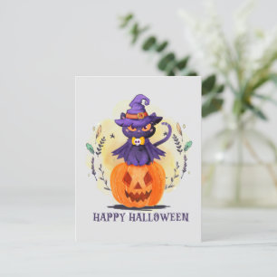 Cartão Postal Gato de Bruxas Roxas na Abóbora - Feliz Halloween