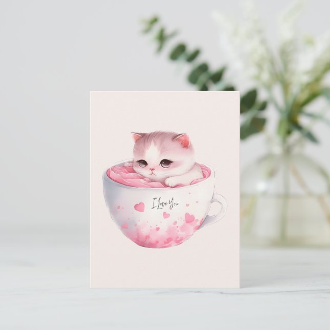 Cartão Postal Gato De Chibi Rosa Kawaii Com Coroa Gelada (Em pé/Frente)