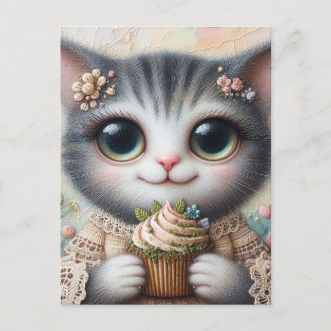 Cartão Postal Gato de cinza com Cupcake (Frente)