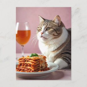 Cartão Postal Gato de Cinza cômoda com Lasagna e Vidro