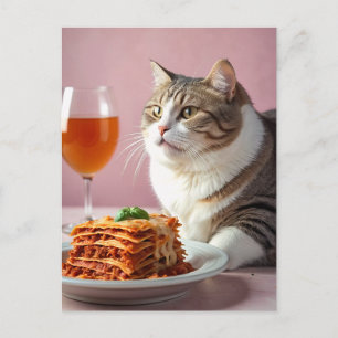 Cartão Postal Gato de Cinza cômoda com Lasagna e Vidro