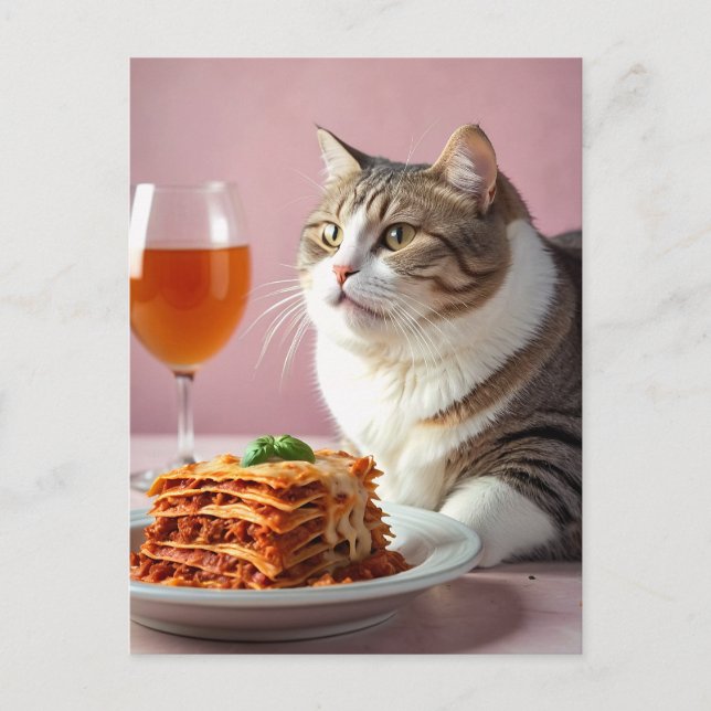 Cartão Postal Gato de Cinza cômoda com Lasagna e Vidro (Frente)