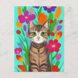 Cartão Postal Gato de Cinzas Bonitas com Flores Coloridas