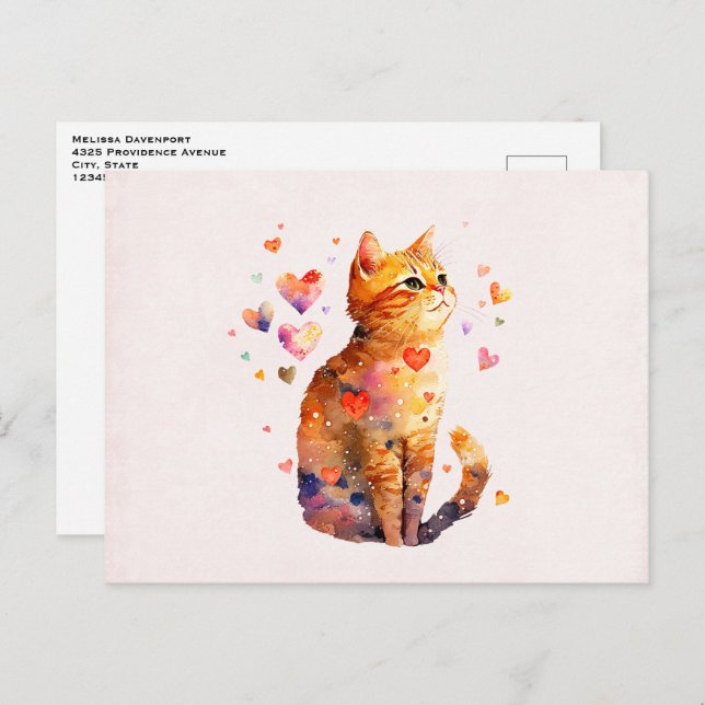 Cartão Postal Gato de Comprimido Bonito com Corações (Frente/Verso)