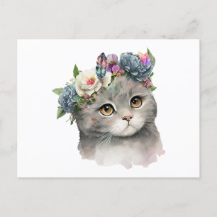 Cartão Postal Gato de Cor da Cinza Gira com Flores do Gato