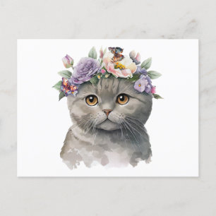 Cartão Postal Gato de Cor das Cinzas Cujas Flores e Borboletas