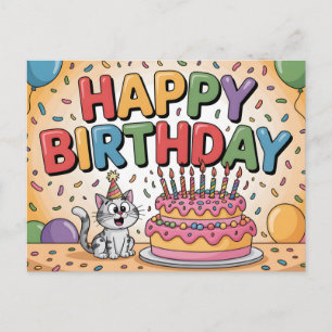 Cartão Postal Gato de Desenho Animado Alegre Ilustração de Feliz