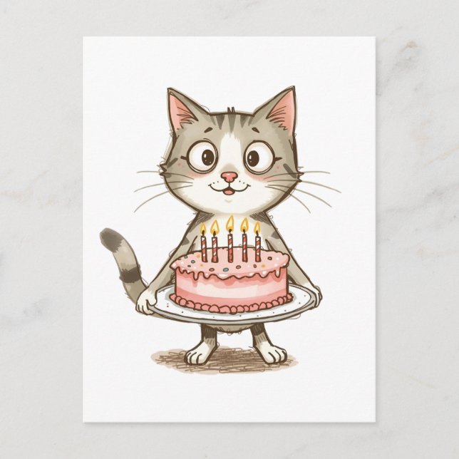 Cartão Postal Gato de desenho animado com bolo de aniversário (Frente)