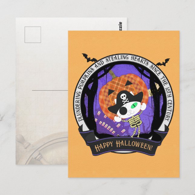 Cartão Postal Gato de esqueleto pirata (Frente/Verso)