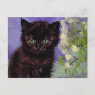 Cartão Postal Gato de estilo Van Gogh com Flores Brancas