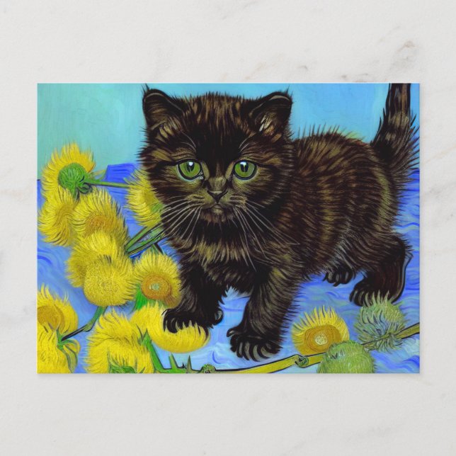 Cartão Postal Gato de estilo Van Gogh com Sunflower (Frente)