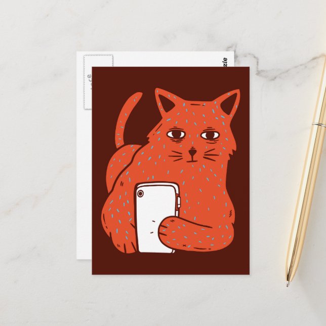 Cartão Postal Gato de Fantasia Adorável Com um Celular (Frente/Verso In Situ)