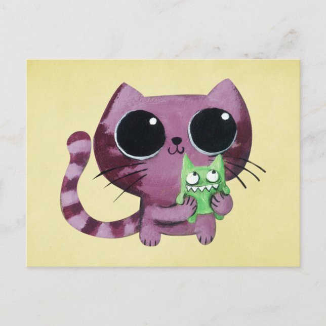 Cartão Postal Gato de Gatinha Bonita com Monstro Verde Pequeno (Frente)