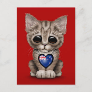 Cartão Postal Gato de Gatinho Cinto com Bandeira da Nova Zelând
