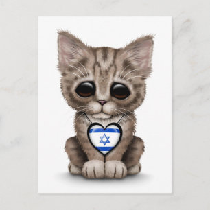 Cartão Postal Gato de Gatinho Fofo com Coração de Bandeira Israe